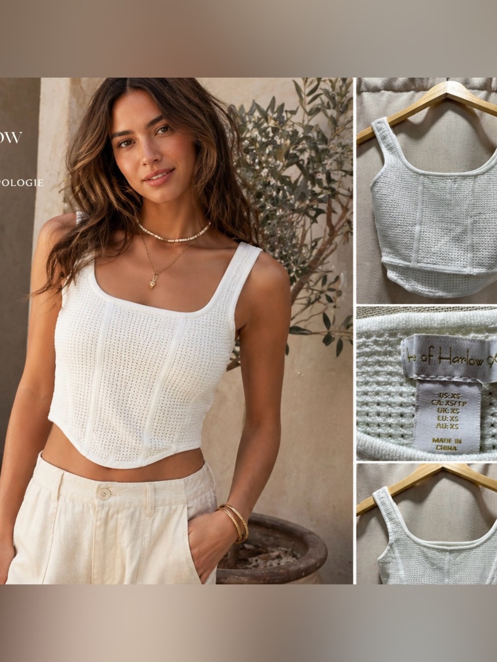 House of Harlow 1960 Cream Knit Cropped Square-Neck Tank